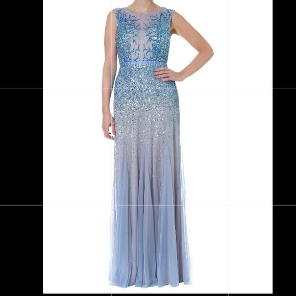 Blue Mist Sequined Gown w/ Illusion (Halter) Neck - Picture 1 of 8
